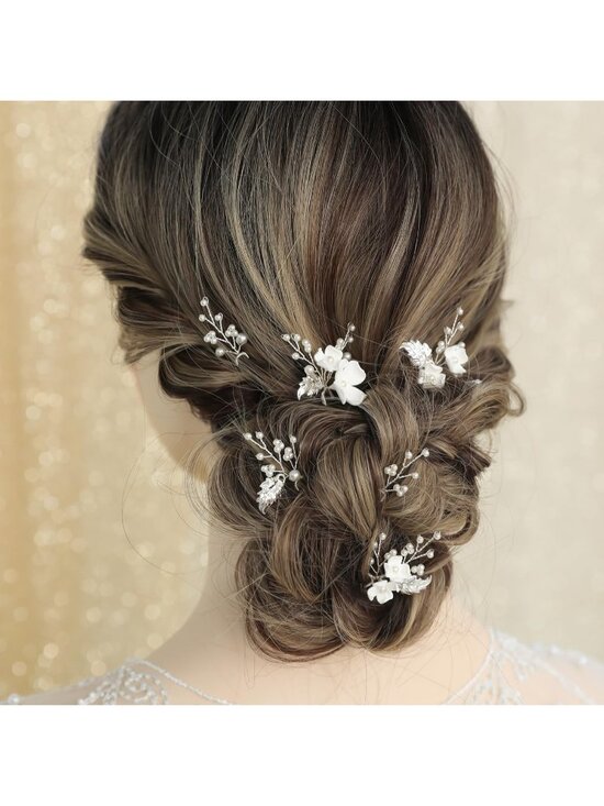 Women\'s Silver Rhinestone Crystal Handmade Bridesmaid Floral Pearl Hair Pins main image 4